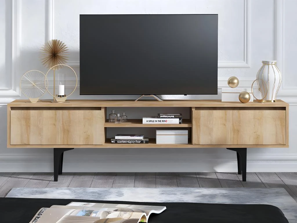 Meuble TV - 2 Tiroirs Et 2 Niches - Naturel Et Noir - OLIENA 4 Meuble TV - 2 Tiroirs Et 2 Niches - Naturel Et Noir - OLIENA – Image 2