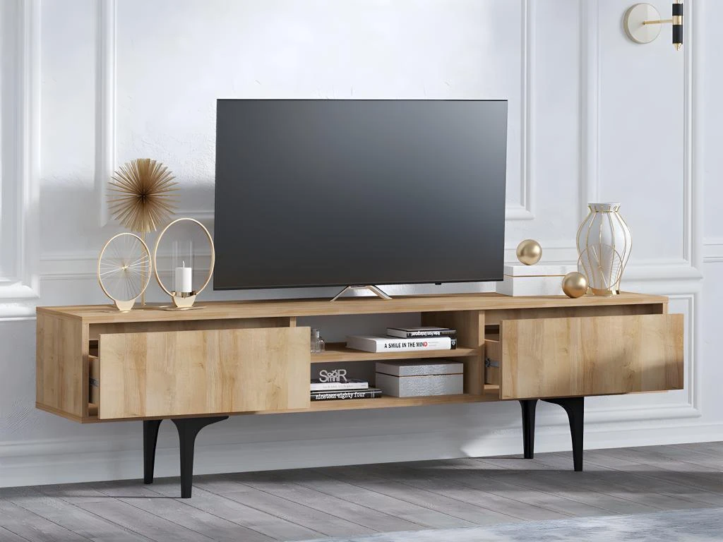 Meuble TV - 2 Tiroirs Et 2 Niches - Naturel Et Noir - OLIENA 5 Meuble TV - 2 Tiroirs Et 2 Niches - Naturel Et Noir - OLIENA – Image 3