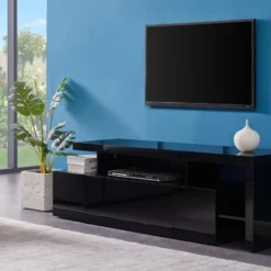 Meuble TV Avec 3 Portes Et 2 Niches - Avec Leds - MDF Laqué - Noir - BANON -Pas Cher Mobiliora Magasin meuble tv 5734637