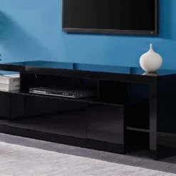 Meuble TV Avec 3 Portes Et 2 Niches - Avec Leds - MDF Laqué - Noir - BANON -Pas Cher Mobiliora Magasin meuble tv 5734639