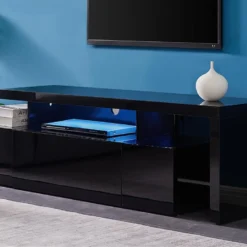 Meuble TV Avec 3 Portes Et 2 Niches - Avec Leds - MDF Laqué - Noir - BANON -Pas Cher Mobiliora Magasin meuble tv 5734643