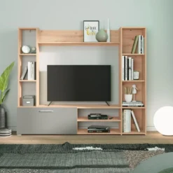 Mur TV Avec Rangements - Coloris : Naturel Et Gris - VURLENI