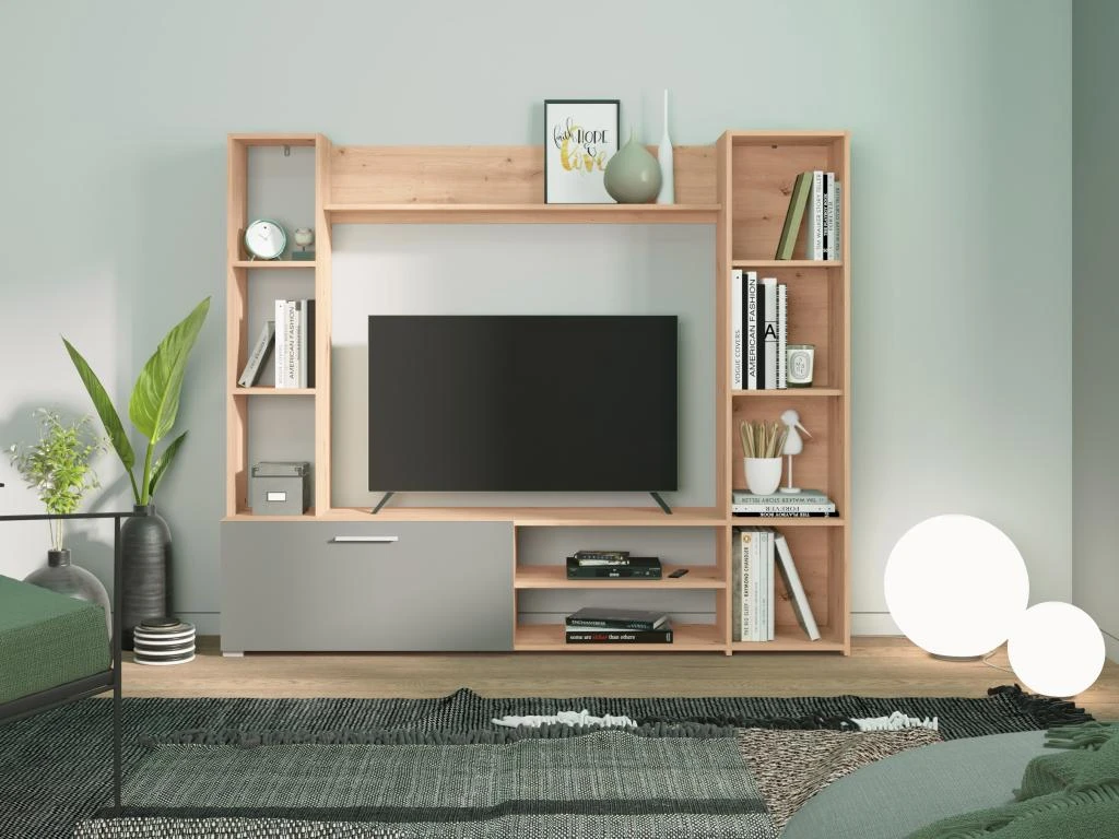 Mur TV Avec Rangements - Coloris : Naturel Et Gris - VURLENI 3 Mur TV Avec Rangements - Coloris : Naturel Et Gris - VURLENI