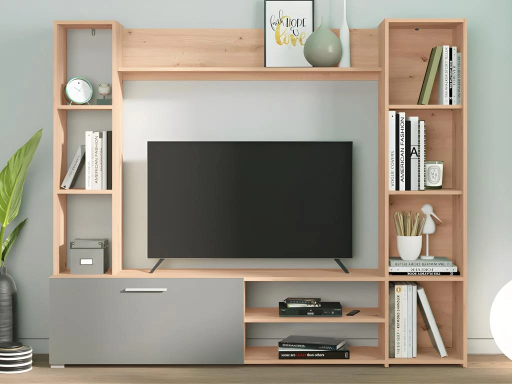 Mur TV Avec Rangements - Coloris : Naturel Et Gris - VURLENI 4 Mur TV Avec Rangements - Coloris : Naturel Et Gris - VURLENI – Image 2