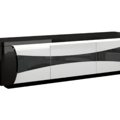 Meuble TV 3 Portes Avec LEDs - Blanc Et Noir Laqué - HAROUN -Pas Cher Mobiliora Magasin meuble tv 6949287