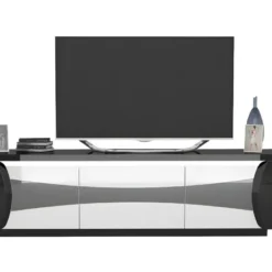Meuble TV 3 Portes Avec LEDs - Blanc Et Noir Laqué - HAROUN -Pas Cher Mobiliora Magasin meuble tv 6949301