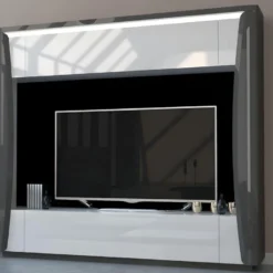 Mur TV 1 Porte Et 1 Tiroir Avec LEDs - Blanc Et Anthracite Laqué - HAROUN