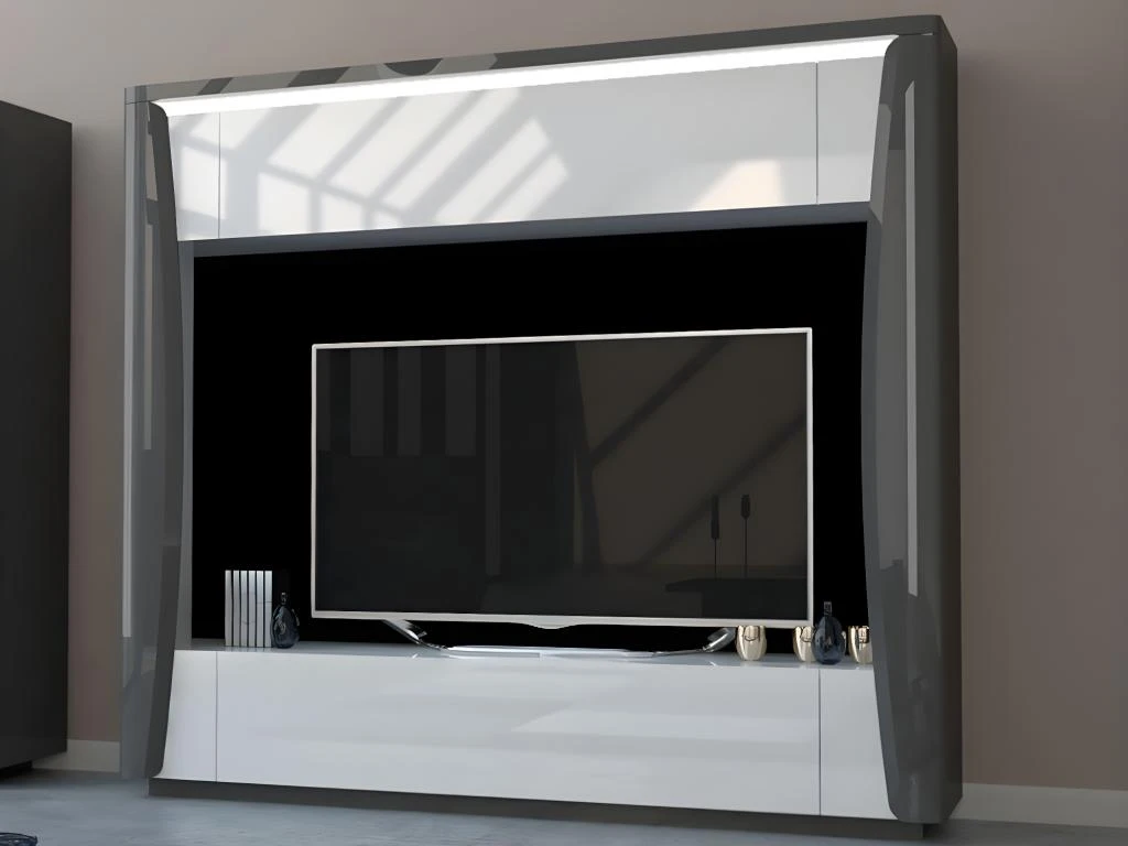 Mur TV 1 Porte Et 1 Tiroir Avec LEDs - Blanc Et Anthracite Laqué - HAROUN 3 Mur TV 1 Porte Et 1 Tiroir Avec LEDs - Blanc Et Anthracite Laqué - HAROUN