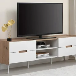 Meuble TV 4 Tiroirs Et 2 Niches - MDF Et Métal - Blanc Laqué Et Naturel - CAYANA -Pas Cher Mobiliora Magasin meuble tv 722017