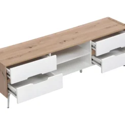 Meuble TV 4 Tiroirs Et 2 Niches - MDF Et Métal - Blanc Laqué Et Naturel - CAYANA -Pas Cher Mobiliora Magasin meuble tv 722027