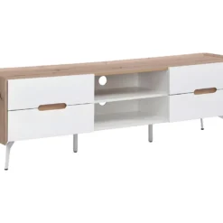 Meuble TV 4 Tiroirs Et 2 Niches - MDF Et Métal - Blanc Laqué Et Naturel - CAYANA -Pas Cher Mobiliora Magasin meuble tv 722029