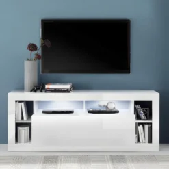 Meuble TV - 1 Porte Et 6 Niches - Avec LEDs - Blanc Laqué - BALKA 10 Meuble TV - 1 Porte Et 6 Niches - Avec LEDs - Blanc Laqué - BALKA -Pas Cher Mobiliora Magasin meuble tv 7276639