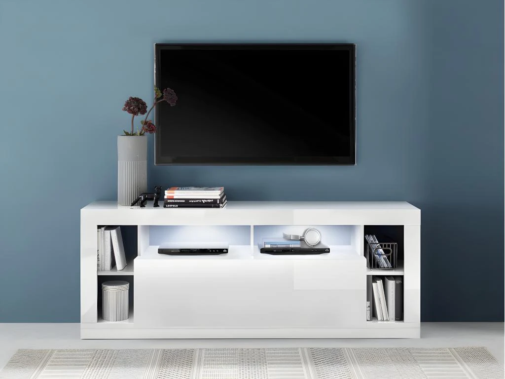 Meuble TV - 1 Porte Et 6 Niches - Avec LEDs - Blanc Laqué - BALKA 4 Meuble TV - 1 Porte Et 6 Niches - Avec LEDs - Blanc Laqué - BALKA – Image 2