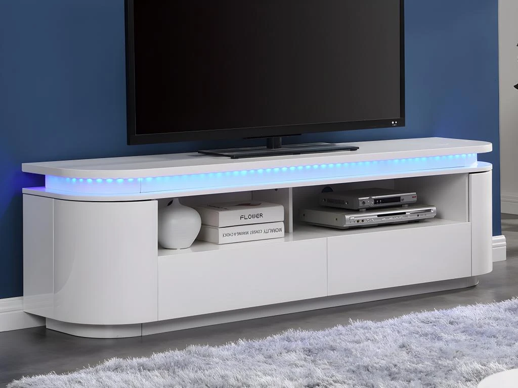Meuble TV 2 Portes Et 2 Tiroirs Avec LEDs - MDF - Blanc Laqué - VANDANA 4 Meuble TV 2 Portes Et 2 Tiroirs Avec LEDs - MDF - Blanc Laqué - VANDANA – Image 2