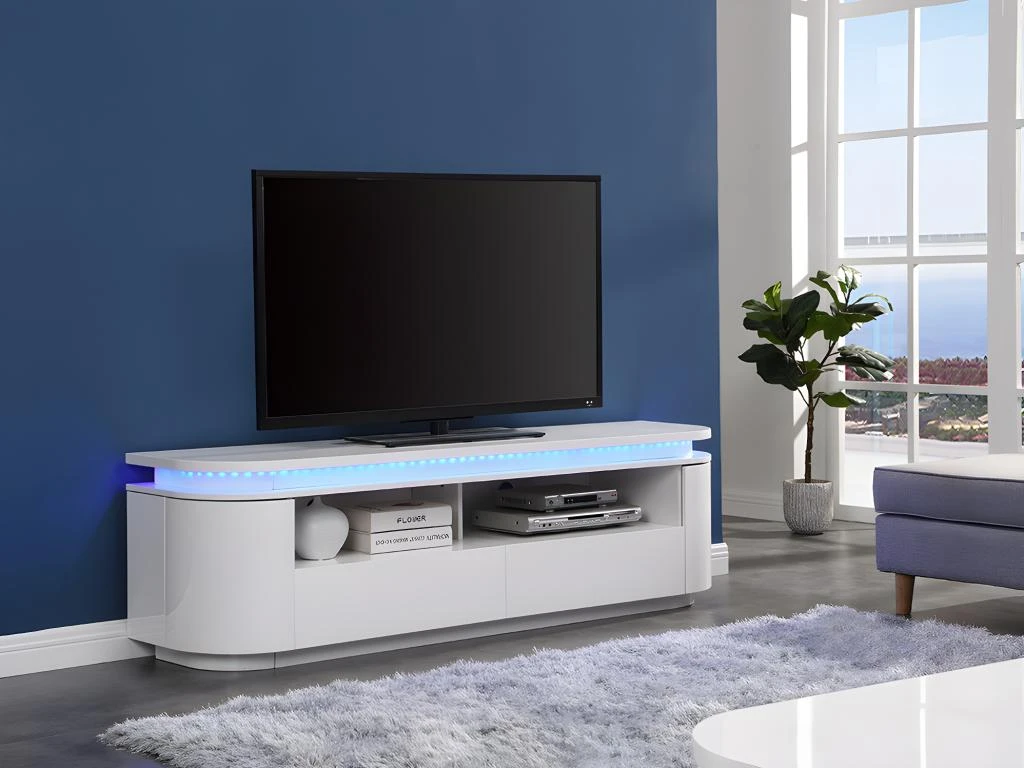 Meuble TV 2 Portes Et 2 Tiroirs Avec LEDs - MDF - Blanc Laqué - VANDANA 3 Meuble TV 2 Portes Et 2 Tiroirs Avec LEDs - MDF - Blanc Laqué - VANDANA