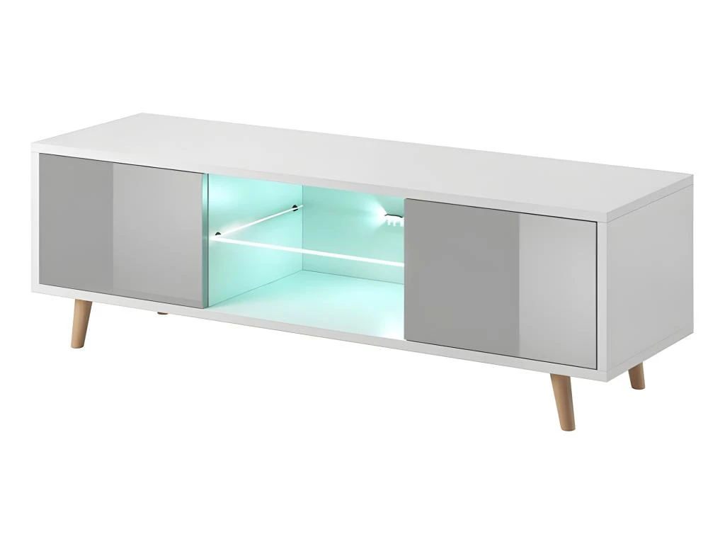 Meuble TV Design PARIS-HIT 140 Cm, 2 Portes Et 2 Niches, Coloris Blanc Et Gris + LED 3 Meuble TV Design PARIS-HIT 140 Cm, 2 Portes Et 2 Niches, Coloris Blanc Et Gris + LED