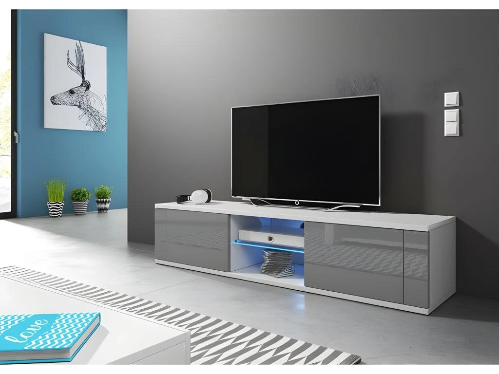 Meuble TV Design PARIS-HIT 140 Cm, 2 Portes Et 2 Niches, Coloris Blanc Et Gris + LED 4 Meuble TV Design PARIS-HIT 140 Cm, 2 Portes Et 2 Niches, Coloris Blanc Et Gris + LED â Image 2