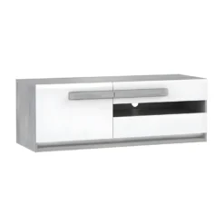 Meuble TV Blanc Et Décor Bois Gris 1 Placard Et 2 Tiroirs - ALEXIANE