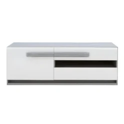 Meuble TV Blanc Et Décor Bois Gris 1 Placard Et 2 Tiroirs - ALEXIANE -Pas Cher Mobiliora Magasin meuble tv 8916825