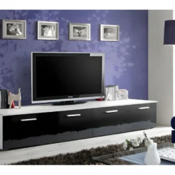 Meuble TV 200cm Collection COMET. Couleur Blanc Et Noir. 2 Portes Abattantes.