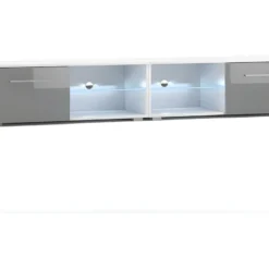 Meuble TV Design LEON II XXL, 2 Mètres, 2 Portes Et 4 Niches, Coloris Blanc Et Gris + LED