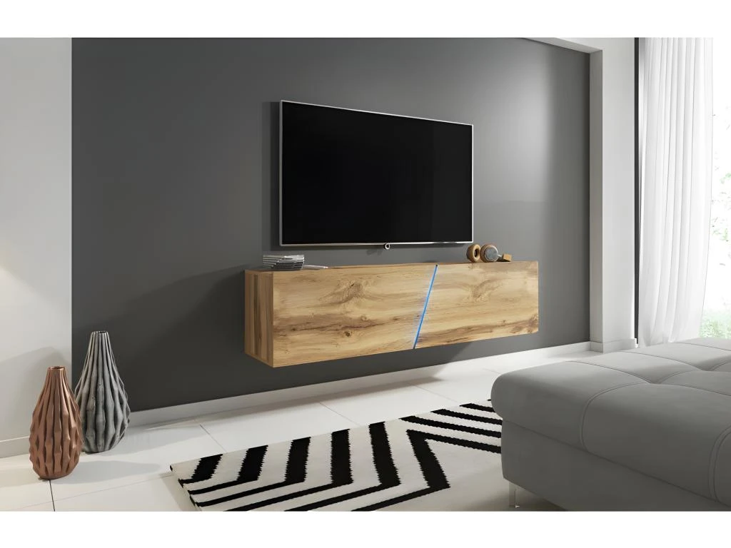 Meuble TV Suspendu Design SPEED, 160 Cm, 1 Porte, Coloris Chêne Avec LED Intégrée. 4 Meuble TV Suspendu Design SPEED, 160 Cm, 1 Porte, Coloris Chêne Avec LED Intégrée. – Image 2