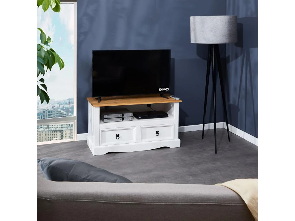 Meuble TV CAMPO Banc Télévision En Pin Massif Blanc Et Brun Avec 2 Tiroirs Et 1 Niche, Meuble De Rangement Style Mexicain En Bois 4 Meuble TV CAMPO Banc Télévision En Pin Massif Blanc Et Brun Avec 2 Tiroirs Et 1 Niche, Meuble De Rangement Style Mexicain En Bois – Image 2