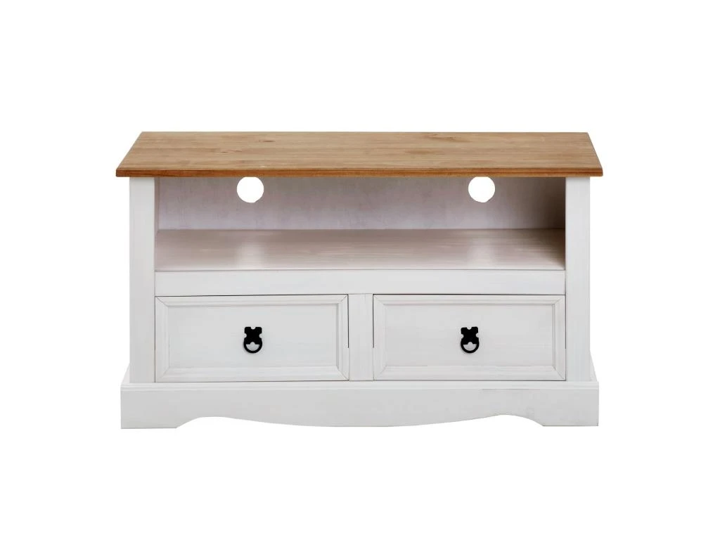 Meuble TV CAMPO Banc Télévision En Pin Massif Blanc Et Brun Avec 2 Tiroirs Et 1 Niche, Meuble De Rangement Style Mexicain En Bois 5 Meuble TV CAMPO Banc Télévision En Pin Massif Blanc Et Brun Avec 2 Tiroirs Et 1 Niche, Meuble De Rangement Style Mexicain En Bois – Image 3