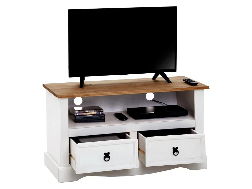 Meuble TV CAMPO Banc Télévision En Pin Massif Blanc Et Brun Avec 2 Tiroirs Et 1 Niche, Meuble De Rangement Style Mexicain En Bois 6 Meuble TV CAMPO Banc Télévision En Pin Massif Blanc Et Brun Avec 2 Tiroirs Et 1 Niche, Meuble De Rangement Style Mexicain En Bois – Image 4