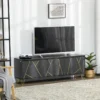 Meuble TV Banc TV Style Art Déco - 3 Portes, 2 étagères - Piètement épingle Métal Doré MDF Aspect Marbre Noir Rainures Dorées -Pas Cher Mobiliora Magasin meuble tv 8917417