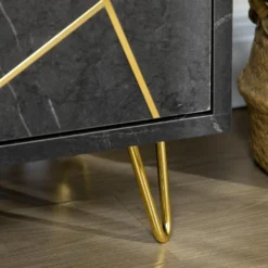 Meuble TV Banc TV Style Art Déco - 3 Portes, 2 étagères - Piètement épingle Métal Doré MDF Aspect Marbre Noir Rainures Dorées -Pas Cher Mobiliora Magasin meuble tv 8917423