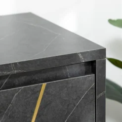 Meuble TV Banc TV Style Art Déco - 3 Portes, 2 étagères - Piètement épingle Métal Doré MDF Aspect Marbre Noir Rainures Dorées -Pas Cher Mobiliora Magasin meuble tv 8917425