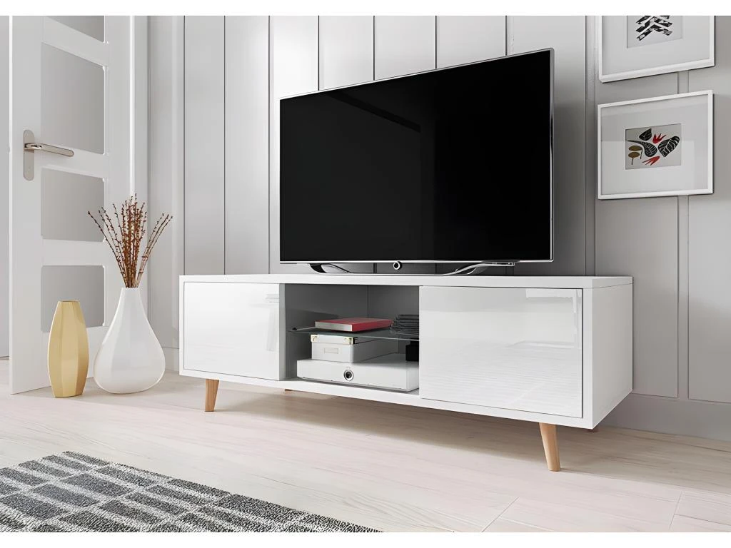 Meuble TV Design EDEN 140 Cm, 2 Portes Et 2 Niches, Coloris Blanc. Type Scandinave. 4 Meuble TV Design EDEN 140 Cm, 2 Portes Et 2 Niches, Coloris Blanc. Type Scandinave. – Image 2