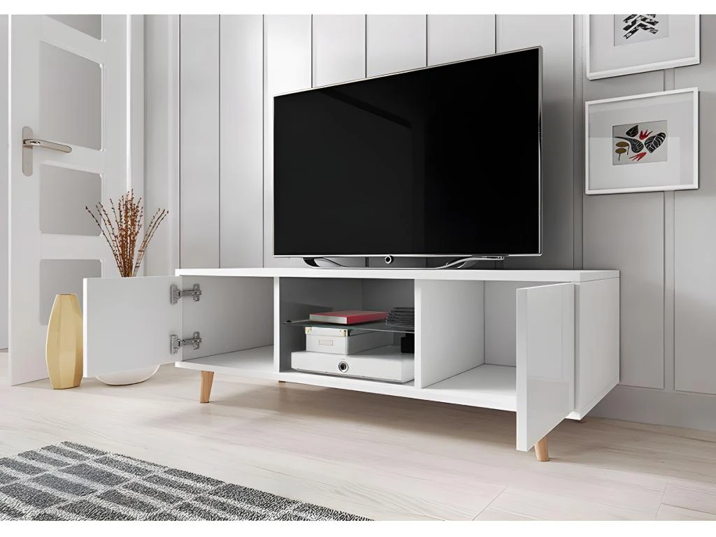 Meuble TV Design EDEN 140 Cm, 2 Portes Et 2 Niches, Coloris Blanc. Type Scandinave. 5 Meuble TV Design EDEN 140 Cm, 2 Portes Et 2 Niches, Coloris Blanc. Type Scandinave. – Image 3