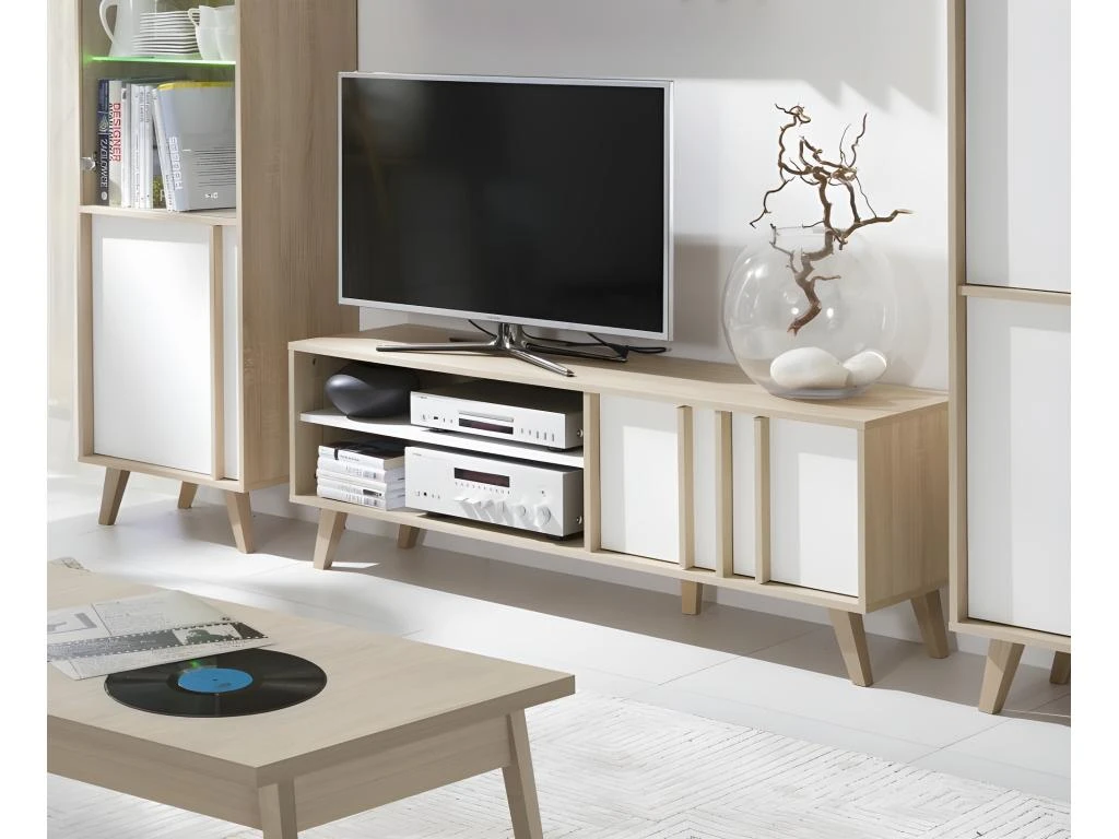Meuble TV - HIFI De Type Scandinave De La Collection MALMO. Coloris Blanc Mat + Sonoma. 3 Meuble TV - HIFI De Type Scandinave De La Collection MALMO. Coloris Blanc Mat + Sonoma.