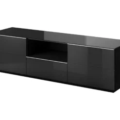 Meuble TV 180cm Collection ZANTE Avec 2 Portes Et 1 Tiroir. LED Incluses. Couleur Noir Brillant Pailleté