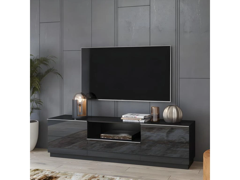 Meuble TV 180cm Collection ZANTE Avec 2 Portes Et 1 Tiroir. LED Incluses. Couleur Noir Brillant Pailleté 4 Meuble TV 180cm Collection ZANTE Avec 2 Portes Et 1 Tiroir. LED Incluses. Couleur Noir Brillant Pailleté – Image 2