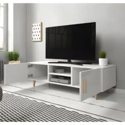 Meuble TV Design EDEN II 140 Cm, 2 Portes Et 2 Niches, Coloris Blanc. Type Scandinave. -Pas Cher Mobiliora Magasin meuble tv 8917907