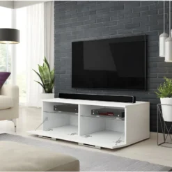 Meuble TV Design BONNIE 100 Cm, 2 Portes Et 2 Niches, Coloris Blanc + LED. -Pas Cher Mobiliora Magasin meuble tv 8919059