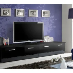 Meuble TV 200cm Collection COMET. Couleur Noir. 2 Portes Abattantes.
