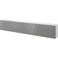 Meuble TV Design SPEED, 240 Cm, 1 Porte Et 3 Espaces De Rangement, Coloris Blanc Et Gris Avec LED Intégrée.