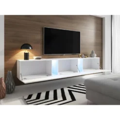 Meuble TV Design SPEED, 240 Cm, 1 Porte Et 3 Espaces De Rangement, Coloris Blanc Et Gris Avec LED Intégrée. -Pas Cher Mobiliora Magasin meuble tv 8919469