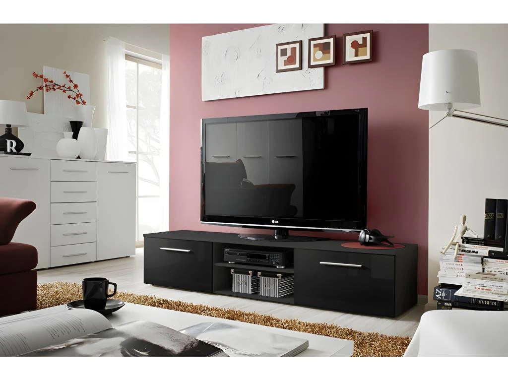 Meuble TV Design Collection BONOO 180 Cm. Coloris Noir Finition Glossy 3 Meuble TV Design Collection BONOO 180 Cm. Coloris Noir Finition Glossy