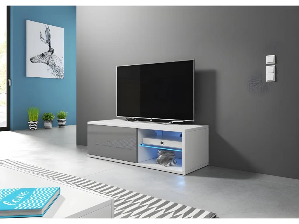Meuble TV Design BREST-HIT 100 Cm, 1 Porte Et 2 Niches, Coloris Blanc Et Gris + LED 4 Meuble TV Design BREST-HIT 100 Cm, 1 Porte Et 2 Niches, Coloris Blanc Et Gris + LED – Image 2