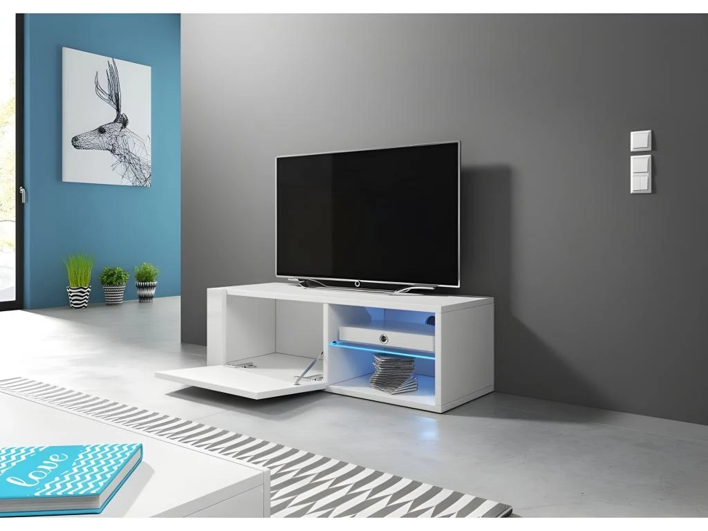 Meuble TV Design BREST-HIT 100 Cm, 1 Porte Et 2 Niches, Coloris Blanc Et Gris + LED 5 Meuble TV Design BREST-HIT 100 Cm, 1 Porte Et 2 Niches, Coloris Blanc Et Gris + LED – Image 3
