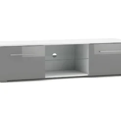Meuble TV Design LEON 140 Cm. 2 Portes Et Niche Coloris Blanc Et Gris Brillant