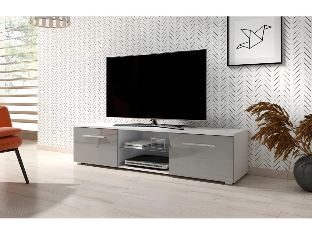 Meuble TV Design LEON 140 Cm. 2 Portes Et Niche Coloris Blanc Et Gris Brillant 4 Meuble TV Design LEON 140 Cm. 2 Portes Et Niche Coloris Blanc Et Gris Brillant – Image 2
