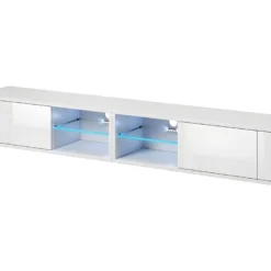 Meuble TV Design BREST-HIT XXL 200 Cm, 2 Portes Et 4 Niches. Coloris Blanc + LED