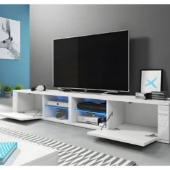 Meuble TV Design BREST-HIT XXL 200 Cm, 2 Portes Et 4 Niches. Coloris Blanc + LED -Pas Cher Mobiliora Magasin meuble tv 8920177