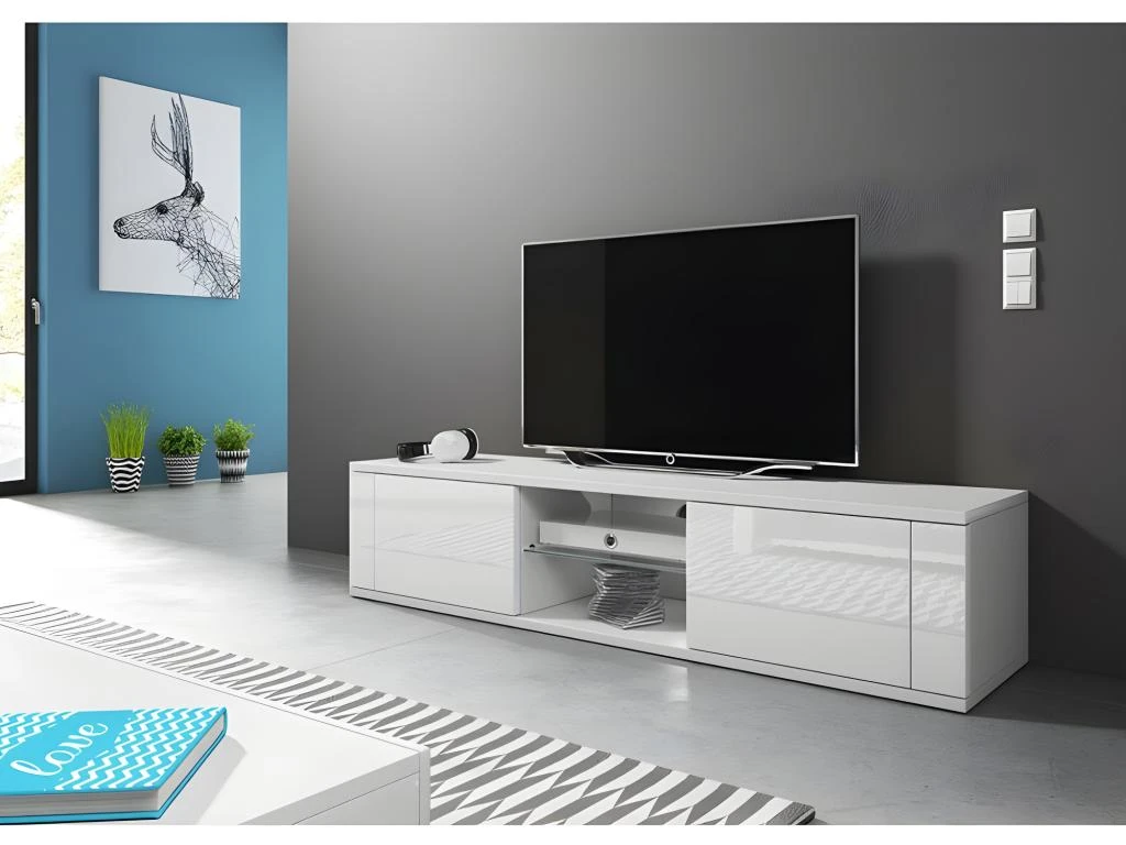 Meuble TV Design PARIS-HIT 140 Cm, 2 Portes Et 2 Niches, Coloris Blanc Mat Et Blanc Brillant 4 Meuble TV Design PARIS-HIT 140 Cm, 2 Portes Et 2 Niches, Coloris Blanc Mat Et Blanc Brillant – Image 2